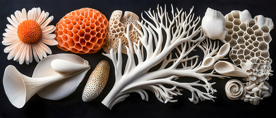 Poster - A collection of organic forms resembling coral flowers and shells. Ideal for art decor or designing a nature inspired aesthetic. The image evokes calm and beauty.