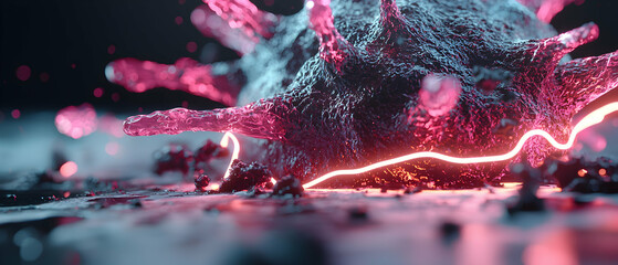 Poster - an artistic depiction of a virus cell with glowing tendrils and textured surfaces. it's suitable for