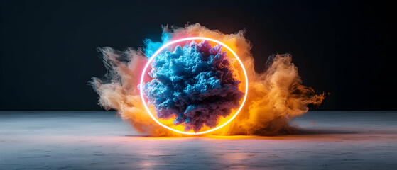 Poster - Abstract neon art featuring a blue textured sphere within a glowing ring surrounded by orange and blue smoke. Ideal for tech or science presentations.