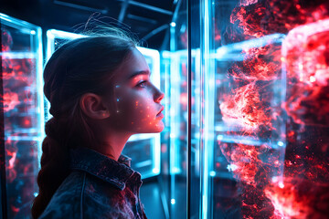 Poster - a young person gazes at a vibrant display. suggests technology exploration or futuristic concepts. i