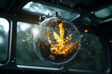 Poster - a glass orb explodes revealing a vibrant interior. suggests a futuristic or sci-fi theme. good for a