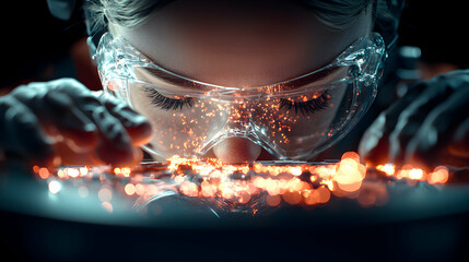 Poster - a person wearing safety goggles examines glowing particles suggestive of scientific work or a futuri