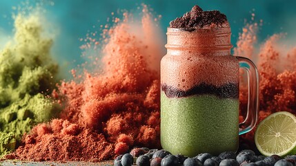 Poster - Delicious layered smoothie in a glass jar with vibrant powder explosions