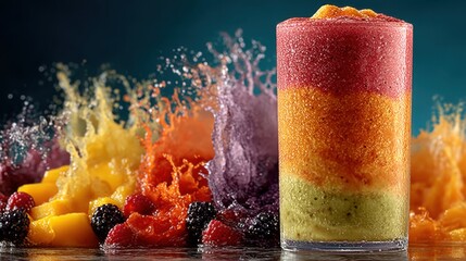Poster - Delicious layered smoothie with fruit splashes, vibrant colors and refreshing appeal