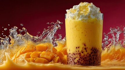 Poster - Delicious mango smoothie with whipped cream and bursting mango splash on red background