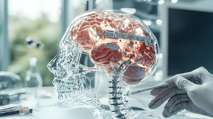 Poster - Futuristic depiction of brain surgery. Medical innovation highlights neural interfaces and brain-computer technologies. Explore potential medical and technological advancements. 