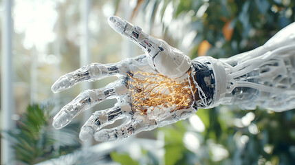 Poster - A futuristic cyborg hand extending outward. Suggests technological advancement and potential applications in robotics or medicine. Could represent human augmentation.