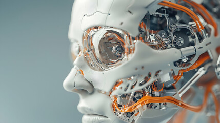 Poster - A detailed render of a robotic head showcasing internal mechanics futuristic design. It is suitable for tech presentations or science fiction projects