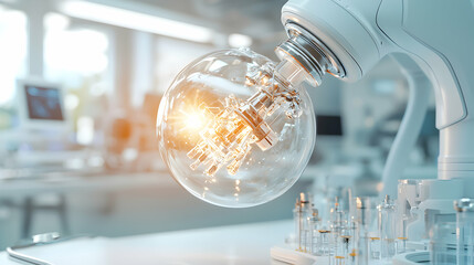 Poster - A futuristic image showing scientific innovation. It features a robotic arm manipulating a glowing spherical object suggestive of lab research. It might represent advanced medical research or a techno