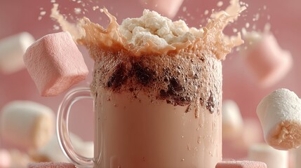 Aufkleber - Delicious splash of hot chocolate with marshmallows in a clear glass mug