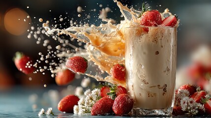 Poster - Delicious strawberry milkshake with fresh berries and splash effect against dark background