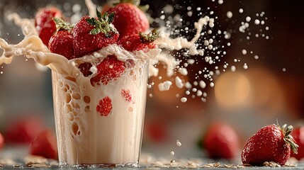 Poster - Delicious strawberry milkshake with splash and fresh ripe berries on a dark background