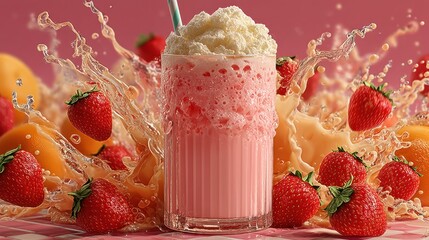 Poster - Delicious strawberry milkshake with whipped cream and fresh strawberries splash