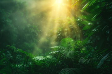 experience charming magical atmosphere of sweet rainforest at sunrise, with mystical mist hanging in