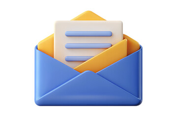 Poster - High quality 3d rendering icon displaying an open blue envelope with a yellow liner containing a white document with blue lines