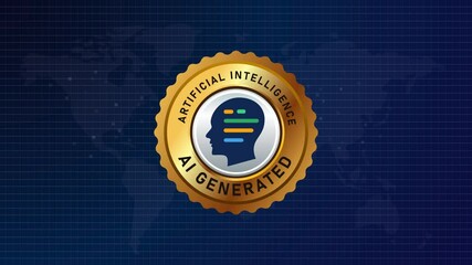 Poster - AI generated gold emblem label artificial intelligence future technology for business world map blue background