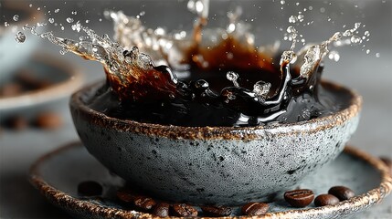 Poster - Dramatic splash of coffee in a ceramic cup with coffee beans close up view