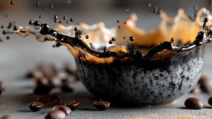 Aufkleber - Dramatic splash of coffee in a textured cup with scattered roasted beans detail
