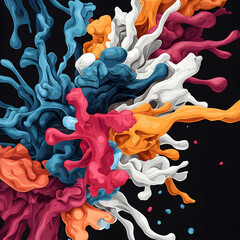 Poster - Abstract illustration of colorful ink splashes against a black background. Could be used for modern art designs or graphic backgrounds.