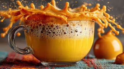 Poster - Dynamic shot of a vibrant golden turmeric latte with a splash effect in a glass cup