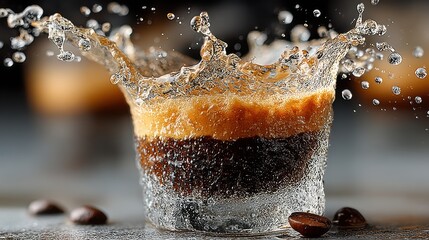 Aufkleber - Espresso shot with water splash showcasing layered coffee and refreshing bubbles