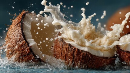 Poster - Fresh coconut cut open with milk splashing out, isolated on blue background