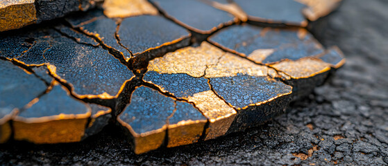 Poster - Close-up shot of a cracked surface with black blue and gold hues. Could represent aged wood or abstract art suitable for backgrounds and textures.