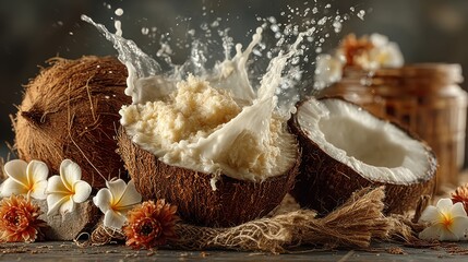 Aufkleber - Fresh coconut milk splash with tropical flowers, delicious food photography.