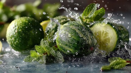 Poster - Fresh green cucumbers and mint leaves splashing in refreshing water droplets
