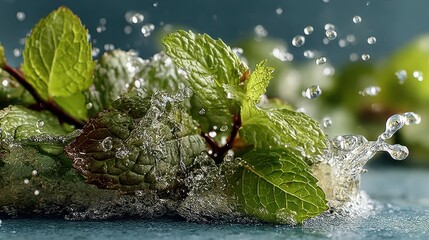 Aufkleber - Fresh green mint leaves with water splash, refreshing and vibrant food photography.