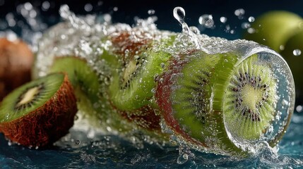 Poster - Fresh kiwi fruit slices submerged in water with splashing, refreshing summer vibes.