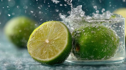 Poster - Fresh limes with splashing water creating a refreshing and vibrant summer drink scene