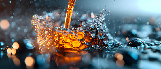 Poster - Vibrant liquid pouring shot creating a honeycomb effect. Perfect for beverage ads or artistic visuals. Captivating and refreshing ideal for creative projects.