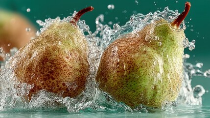 Poster - Fresh pears being splashed by water, showcasing refreshing and healthy food