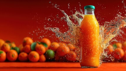 Poster - Fresh orange juice splash with oranges and a vibrant red background.