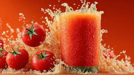 Poster - Fresh tomato juice splash with ripe tomatoes on an orange vibrant background