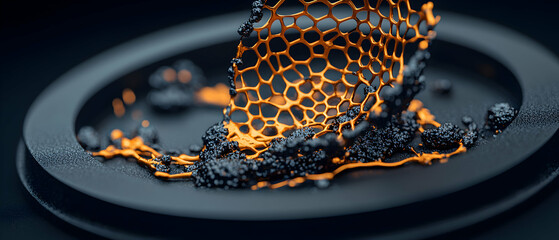Poster - Abstract image of an orange honeycomb structure covered in black granular material on a dark plate. Use it as a unique background for digital art or a modern design element.