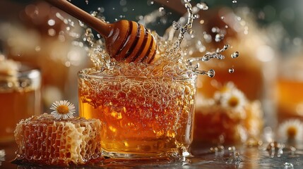 Aufkleber - Honey dipper splashing into a glass of golden honey with honeycomb and flowers.