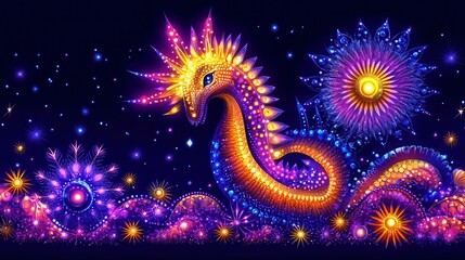 Wall Mural - Mystical cosmic dragon illuminated against a dark starlit sky artistic dreamlike fantasy scene digital painting illustration glow effect colorful