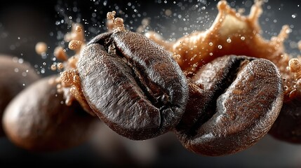 Poster - Macro shot of coffee beans with splash of coffee liquid on dark background