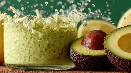 Poster - Refreshing avocado smoothie with splash, lemon slices, and fresh avocado halves