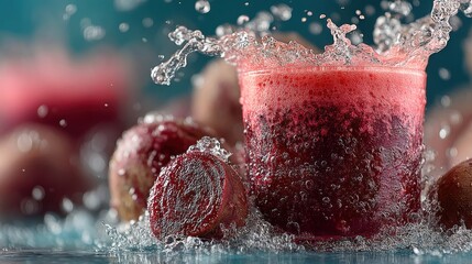 Poster - Refreshing beetroot juice splashing in a glass with beetroot slices around