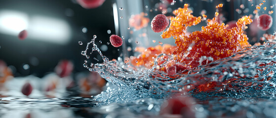 Fototapete - Dynamic close-up with water splash and vibrant orange-red objects. Great for medical science or abstract art promoting energy and renewal.