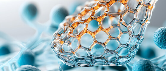 Fototapete - Intricate molecular structure rendered in glass-like material. Ideal for illustrating nanotechnology or scientific advancements. Could represent drug delivery mechanisms or material science models.