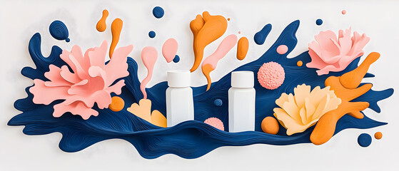 Poster - Stylized papercraft art featuring flowers and product bottles. Great for cosmetic packaging or website banners focusing on natural beauty or wellness themes.
