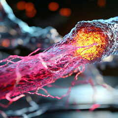 Poster - Abstract illustration of glowing biological structure resembling nerve fibers or cells. Suitable for medical science presentations or educational resources focusing on the nervous system.