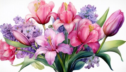 Wall Mural - beautifu pinkl flowers on isolated white background, iris, tulip, hyacinth, green leaves, w