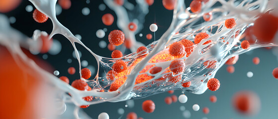 Poster - an abstract cellular structure with vibrant red spheres white filaments and a dark backdrop. this im