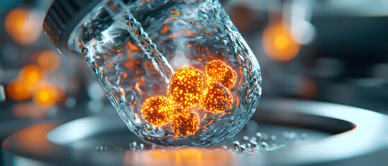 Fototapete - Glowing spheres encased in water suggesting scientific research or futuristic technology. Suitable for medical or science-related articles and presentations.