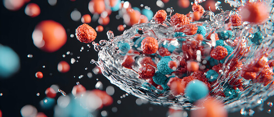 Poster - abstract artwork featuring vibrant spheres and water splash. ideal for science or technology present